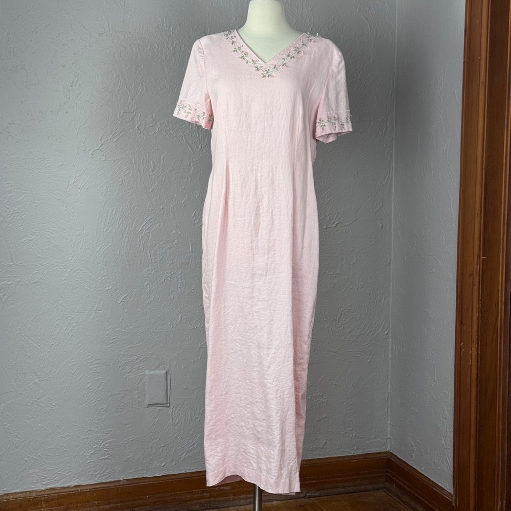 Vintage 90s med (6-8) pink linen embroidered beaded maxi dress Cottage Core